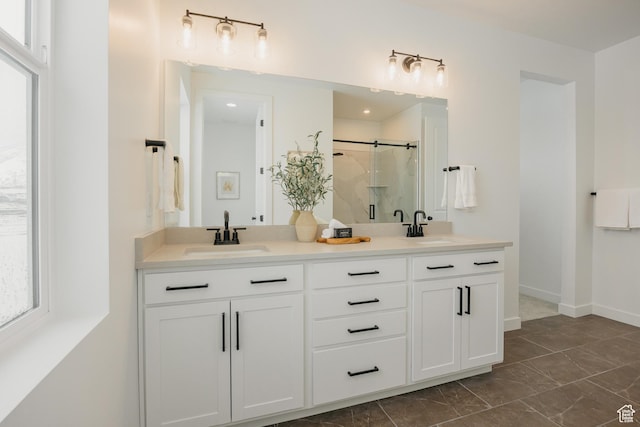 3537 E 1120 S Unit 110, Spanish Fork, UT 84660 - full bathroom featuring a shower stall, double vanity, plenty of natural light, and marble finish floors