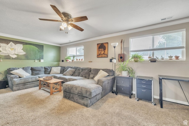 1135 E 220 N, Heber City, UT 84032 - living room with light carpet, a ceiling fan, crown molding, and baseboards