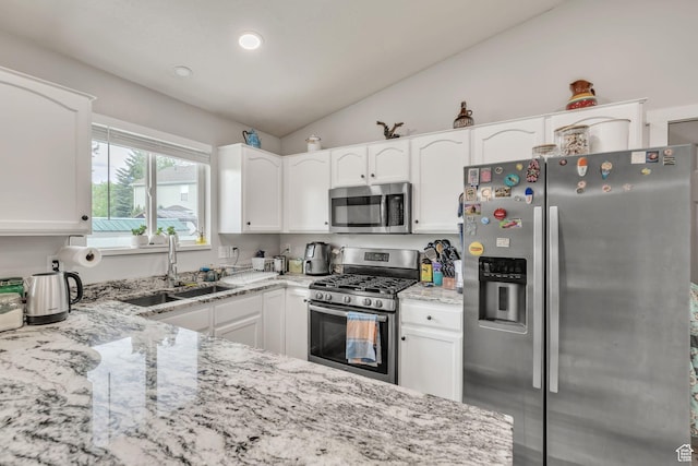 1135 E 220 N, Heber City, UT 84032 - kitchen featuring stainless steel appliances, light stone countertops, white cabinets, lofted ceiling, and recessed lighting