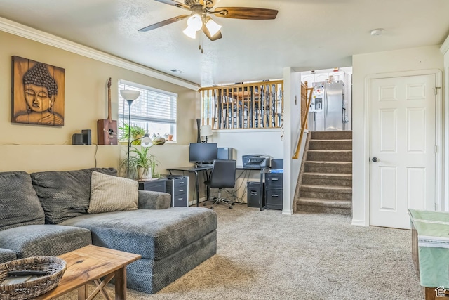 1135 E 220 N, Heber City, UT 84032 - living room featuring crown molding, carpet, ceiling fan, stairs, and an office area