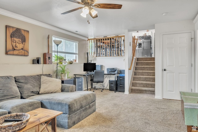 1135 E 220 N, Heber City, UT 84032 - living area with carpet floors, ornamental molding, stairway, a ceiling fan, and an office area