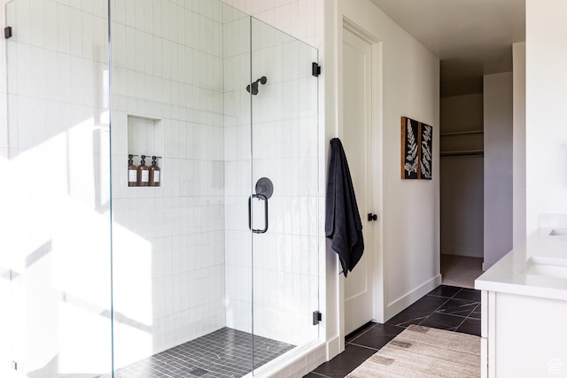 5348 W 10700 N Unit 2, Highland, UT 84003 - bathroom with vanity, tile patterned flooring, and a shower stall