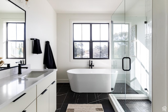 5348 W 10700 N Unit 2, Highland, UT 84003 - bathroom featuring vanity, a freestanding bath, healthy amount of natural light, and a shower stall