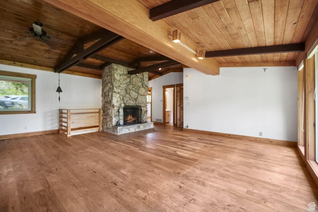 365 Parkview Dr, Summit Park, UT 84098 - unfurnished living room with wood ceiling, hardwood / wood-style flooring, a fireplace, a ceiling fan, and baseboards