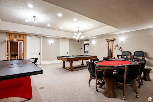 2177 W 9240 S, West Jordan, UT 84088 - rec room featuring a textured ceiling, light carpet, billiards table, recessed lighting, and baseboards