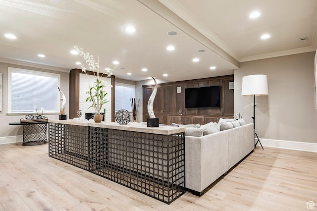 2177 W 9240 S, West Jordan, UT 84088 - living room with baseboards, ornamental molding, light wood-style flooring, and recessed lighting