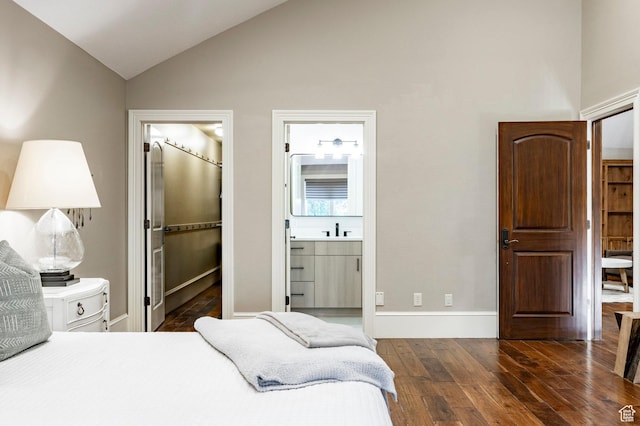 2177 W 9240 S, West Jordan, UT 84088 - bedroom featuring dark wood-type flooring, baseboards, high vaulted ceiling, and ensuite bathroom