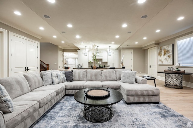 2177 W 9240 S, West Jordan, UT 84088 - living area with recessed lighting, light wood finished floors, crown molding, stairway, and baseboards