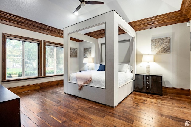2177 W 9240 S, West Jordan, UT 84088 - bedroom with hardwood / wood-style flooring, baseboards, beam ceiling, and a ceiling fan