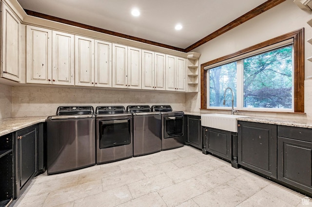 2177 W 9240 S, West Jordan, UT 84088 - laundry area with separate washer and dryer, crown molding, cabinet space, and recessed lighting