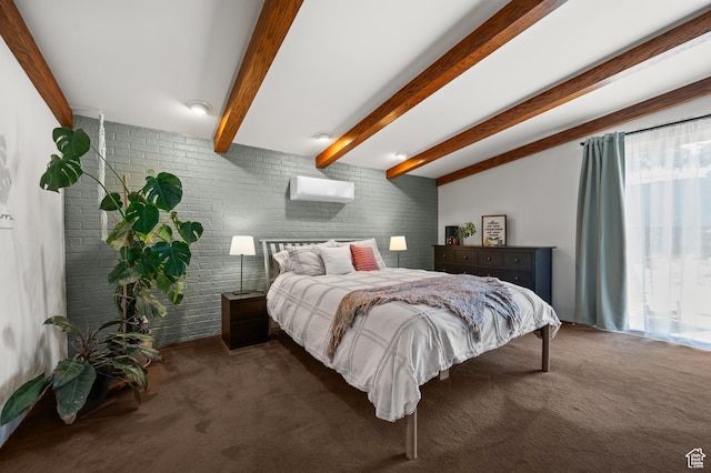 3681 S Terrace Heights Rd, Millcreek, UT 84109 - carpeted bedroom with brick wall, beam ceiling, and a wall unit AC