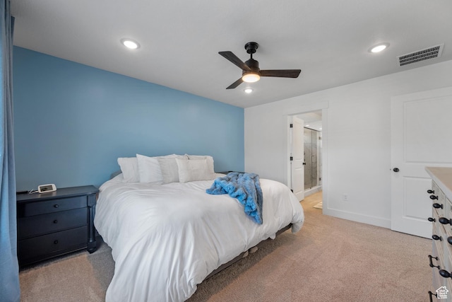 2447 W Santa Fe Dr, Mapleton, UT 84664 - bedroom with light colored carpet, baseboards, ceiling fan, recessed lighting, and connected bathroom