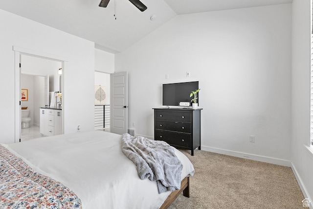 1547 E Cardinal Dr N, Eagle Mountain, UT 84005 - carpeted bedroom with high vaulted ceiling, ensuite bathroom, baseboards, and ceiling fan