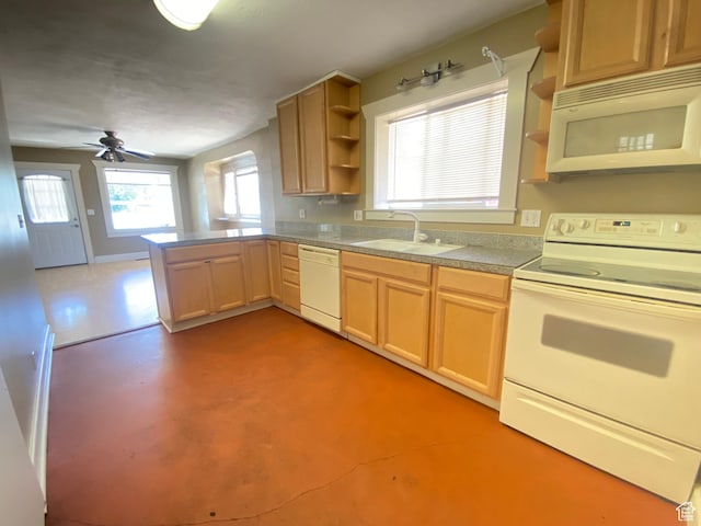 829 E Markea Ave, Salt Lake City, UT 84102 - kitchen with white appliances, open shelves, a sink, a peninsula, and a ceiling fan