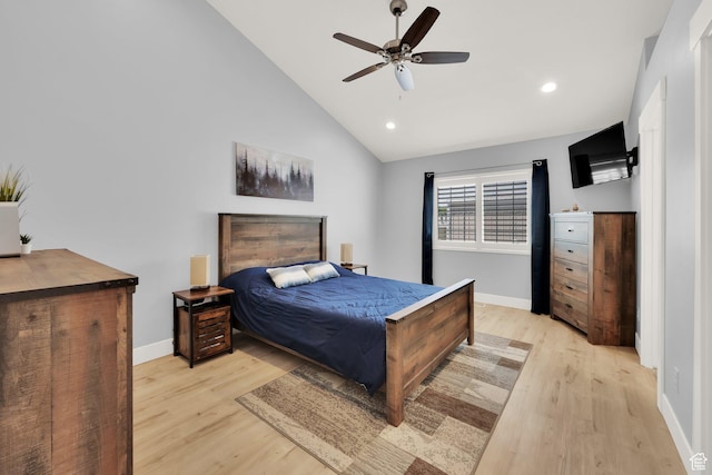 257 N 1125 W, Clearfield, UT 84015 - bedroom featuring light wood finished floors, baseboards, recessed lighting, high vaulted ceiling, and a ceiling fan