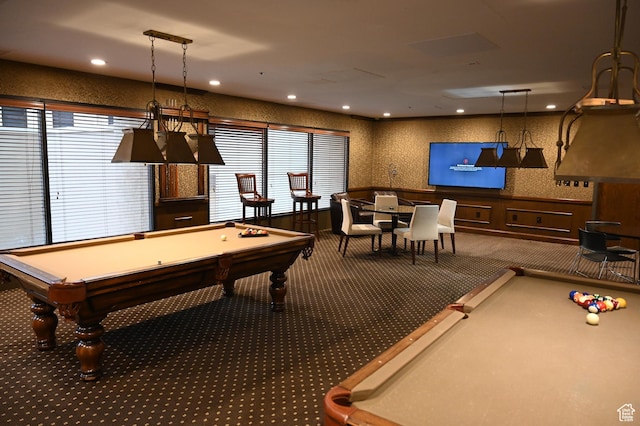 44 W 300 S Unit 1107N, Salt Lake City, UT 84101 - recreation room with pool table, carpet floors, healthy amount of natural light, wallpapered walls, and recessed lighting