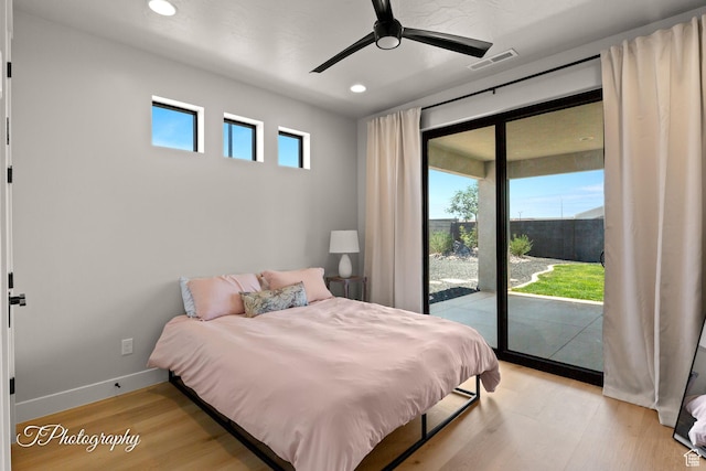 3134 E Blue Heron Dr S, St George, UT 84790 - bedroom featuring access to outside, light wood finished floors, recessed lighting, baseboards, and ceiling fan