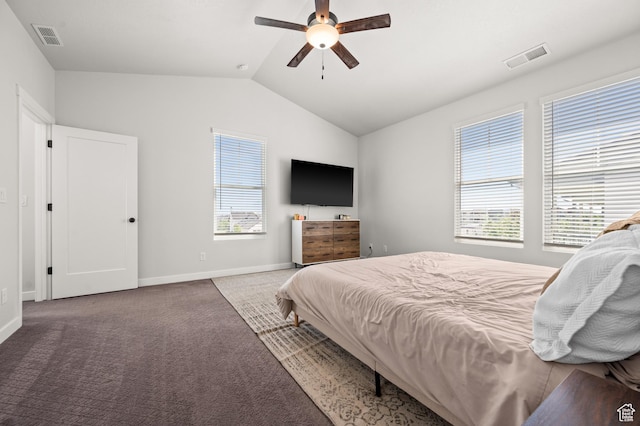 5087 W Rambutan Way S, Jordan, UT 84009 - carpeted bedroom featuring multiple windows, lofted ceiling, baseboards, and a ceiling fan