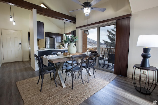 874 W Schneitter Cir Unit 7, Midway, UT 84049 - dining area featuring baseboards, wood finished floors, a ceiling fan, beamed ceiling, and high vaulted ceiling
