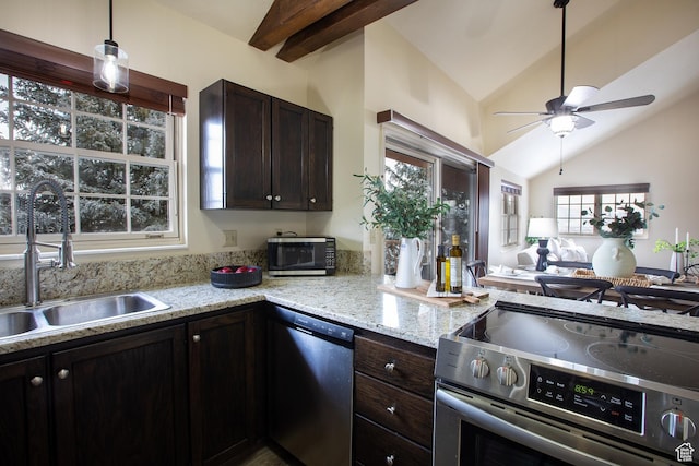 874 W Schneitter Cir Unit 7, Midway, UT 84049 - kitchen with stainless steel appliances, a sink, a ceiling fan, and dark brown cabinets