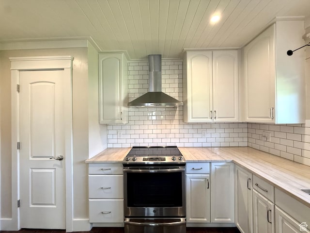 737 S 400 E, Payson, UT 84651 - kitchen with stainless steel electric stove, wall chimney range hood, tasteful backsplash, white cabinetry, and wooden ceiling