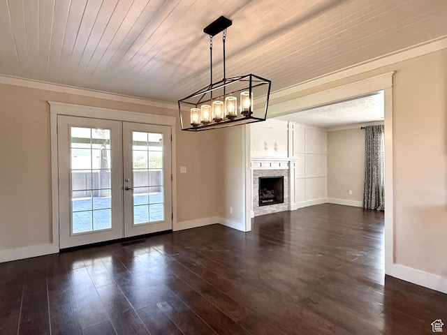 737 S 400 E, Payson, UT 84651 - unfurnished living room featuring french doors, ornamental molding, a chandelier, dark wood finished floors, and baseboards