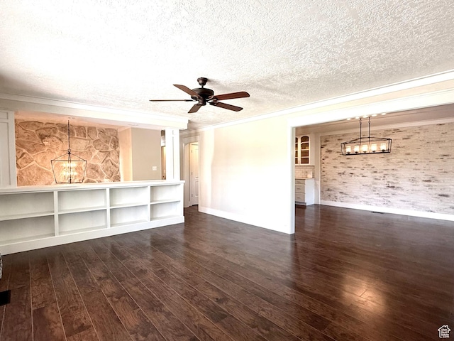 737 S 400 E, Payson, UT 84651 - unfurnished living room featuring crown molding, dark wood finished floors, ceiling fan, a textured ceiling, and baseboards