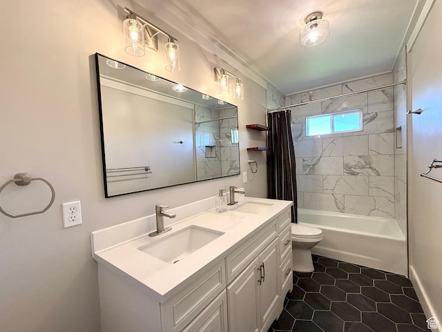 737 S 400 E, Payson, UT 84651 - bathroom featuring double vanity, shower / bathtub combination with curtain, toilet, tile patterned floors, and baseboards