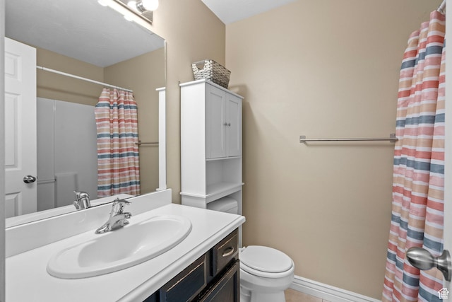 1099 W 200 S, Springville, UT 84663 - bathroom with toilet, vanity, a shower with shower curtain, tile patterned flooring, and baseboards