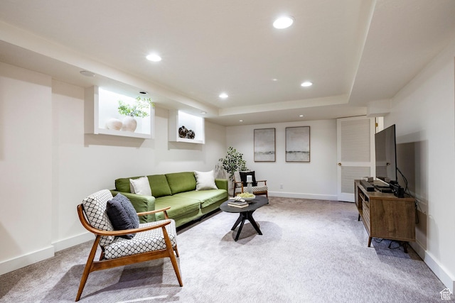 1376 E Perry Ave, Salt Lake City, UT 84103 - living room featuring light colored carpet, recessed lighting, and a tray ceiling
