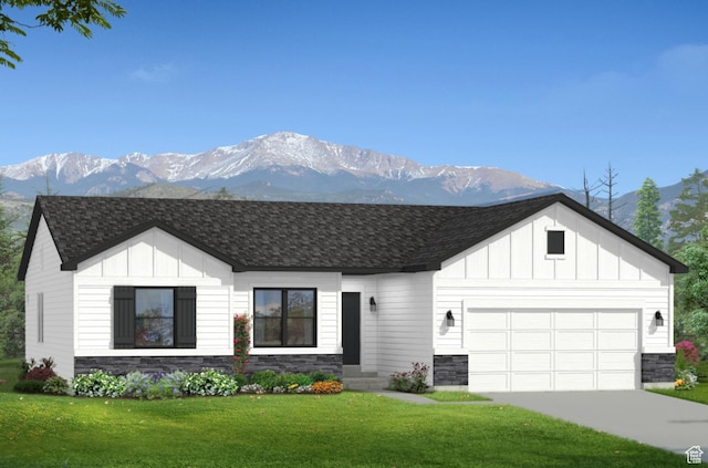 1179 W W Rocky Way Unit 618, Grantsville, UT 84029 - modern farmhouse with stone siding, board and batten siding, a mountain view, and a garage