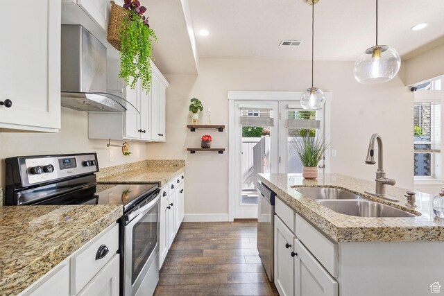 101 E Mansonia Dr S, Draper, UT 84020 - kitchen with stainless steel appliances, a sink, dark wood-style floors, wall chimney exhaust hood, and white cabinetry