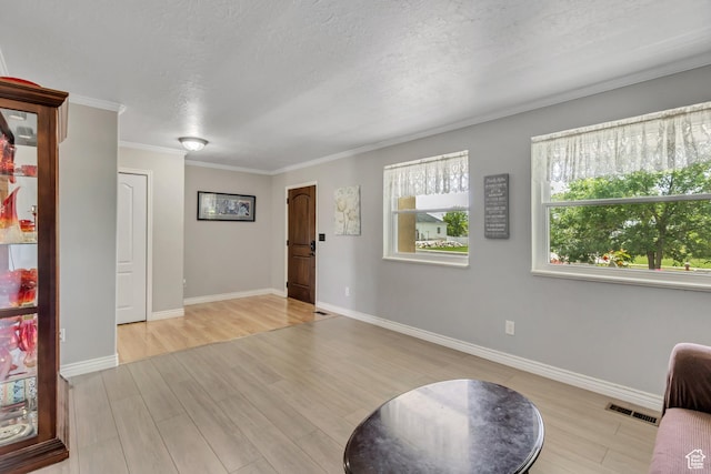 1254 W 2700 S, Syracuse, UT 84075 - living area featuring light wood finished floors, a textured ceiling, crown molding, and baseboards