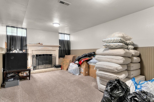 2091 N 180 E, Provo, UT 84604 - carpeted living area with wainscoting, a fireplace, and wood walls