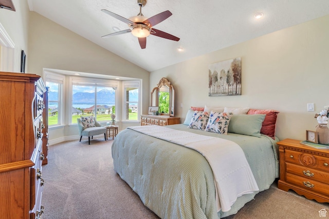 1736 S Range Rd, Saratoga Springs, UT 84045 - bedroom featuring light carpet, lofted ceiling, ceiling fan, recessed lighting, and baseboards