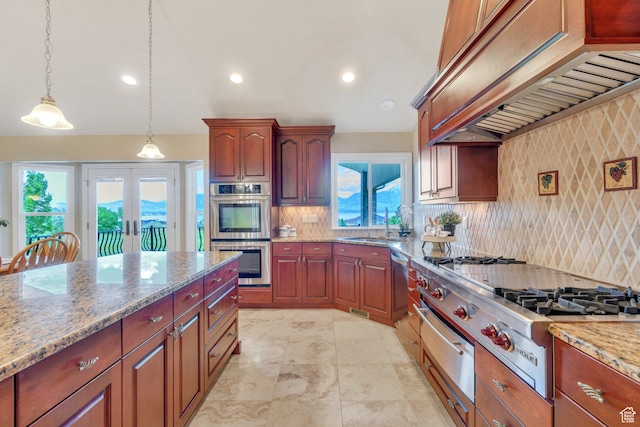 1736 S Range Rd, Saratoga Springs, UT 84045 - kitchen with premium range hood, stainless steel appliances, a warming drawer, tasteful backsplash, and light stone countertops