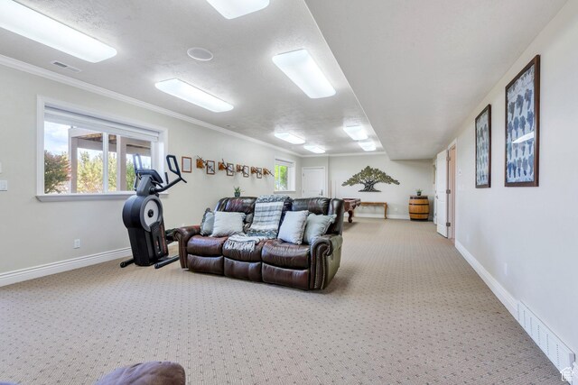 1736 S Range Rd, Saratoga Springs, UT 84045 - carpeted living room with baseboards and ornamental molding
