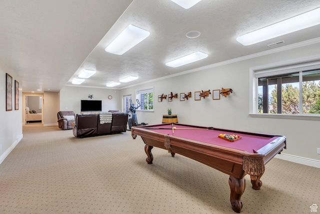 1736 S Range Rd, Saratoga Springs, UT 84045 - game room with carpet, baseboards, billiards, a textured ceiling, and crown molding