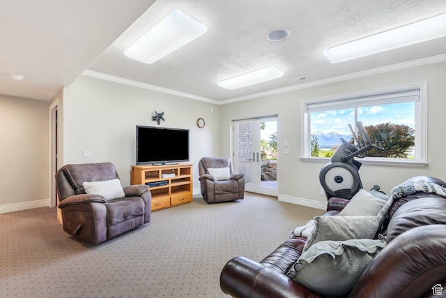 1736 S Range Rd, Saratoga Springs, UT 84045 - carpeted living area featuring baseboards and ornamental molding
