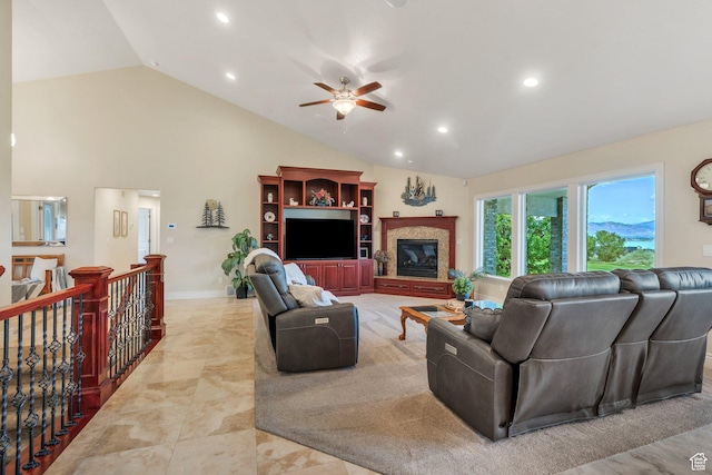 1736 S Range Rd, Saratoga Springs, UT 84045 - living room with ceiling fan, recessed lighting, high vaulted ceiling, and a glass covered fireplace