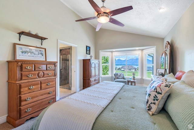 1736 S Range Rd, Saratoga Springs, UT 84045 - bedroom with vaulted ceiling, light colored carpet, baseboards, a ceiling fan, and ensuite bath