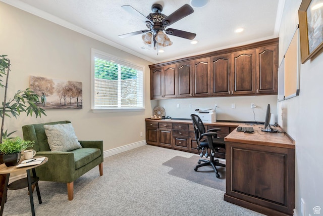 1736 S Range Rd, Saratoga Springs, UT 84045 - home office featuring light colored carpet, crown molding, built in study area, a ceiling fan, and baseboards