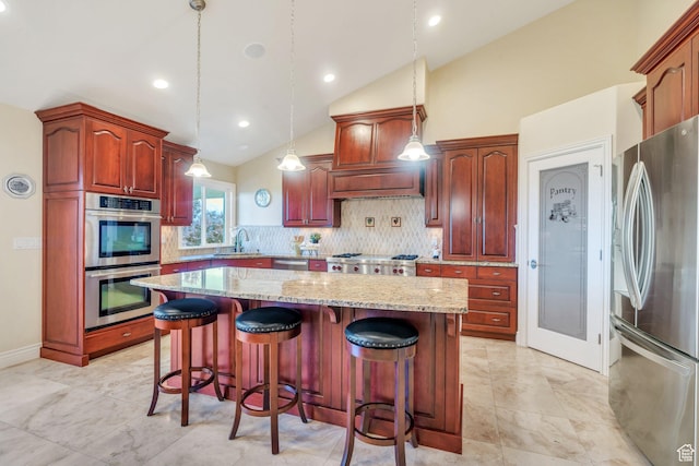 1736 S Range Rd, Saratoga Springs, UT 84045 - kitchen featuring stainless steel appliances, decorative backsplash, a kitchen island, light stone countertops, and high vaulted ceiling