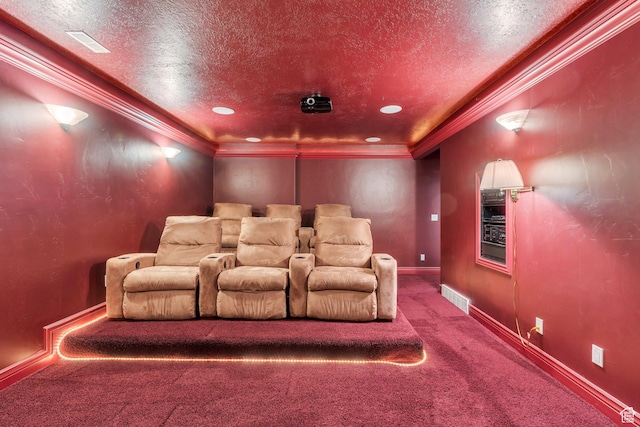 1736 S Range Rd, Saratoga Springs, UT 84045 - home theater with carpet flooring, a textured ceiling, ornamental molding, and baseboards