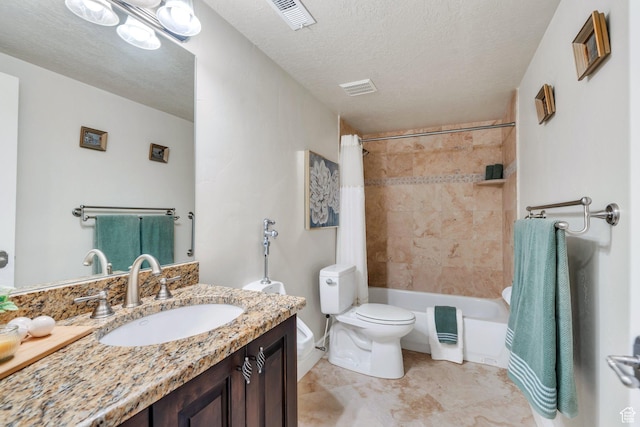 1736 S Range Rd, Saratoga Springs, UT 84045 - full bath featuring vanity, toilet, shower / bathtub combination with curtain, and a textured ceiling