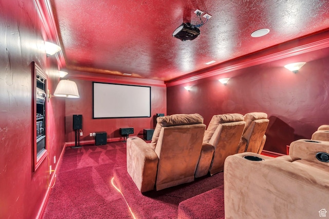 1736 S Range Rd, Saratoga Springs, UT 84045 - cinema featuring carpet floors, a textured ceiling, ornamental molding, and baseboards