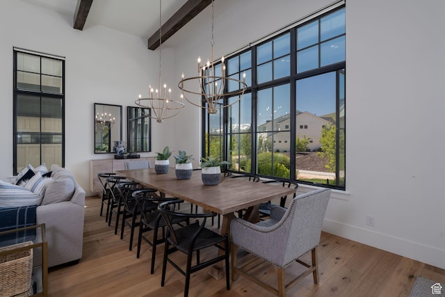 517 N Farm Hill Ln, Midway, UT 84049 - dining area with a chandelier, beamed ceiling, a high ceiling, wood finished floors, and baseboards