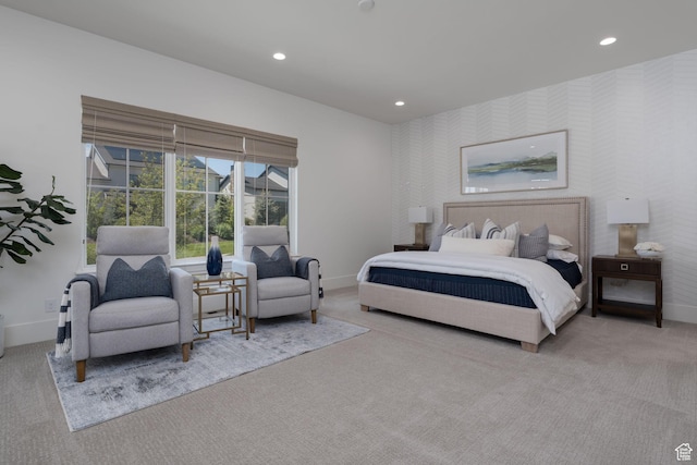 517 N Farm Hill Ln, Midway, UT 84049 - carpeted bedroom featuring baseboards, wallpapered walls, recessed lighting, and an accent wall