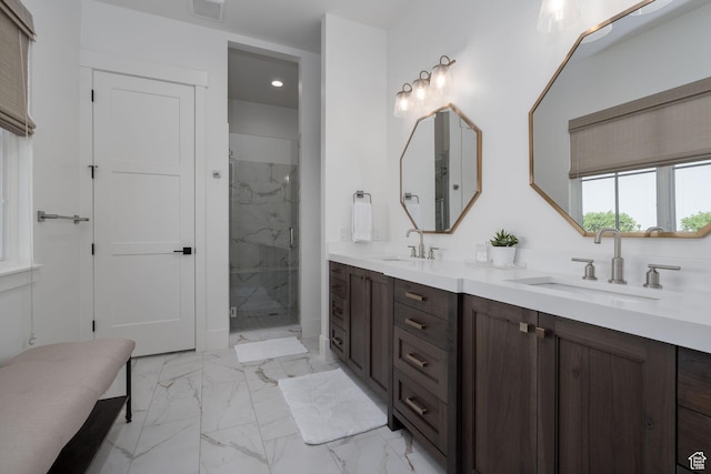 517 N Farm Hill Ln, Midway, UT 84049 - full bath with marble finish floors, double vanity, a marble finish shower, and recessed lighting
