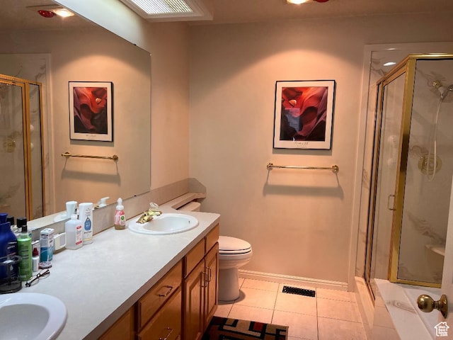 756 W 4375 S, Riverdale, UT 84405 - full bath with double vanity, a stall shower, toilet, tile patterned floors, and baseboards
